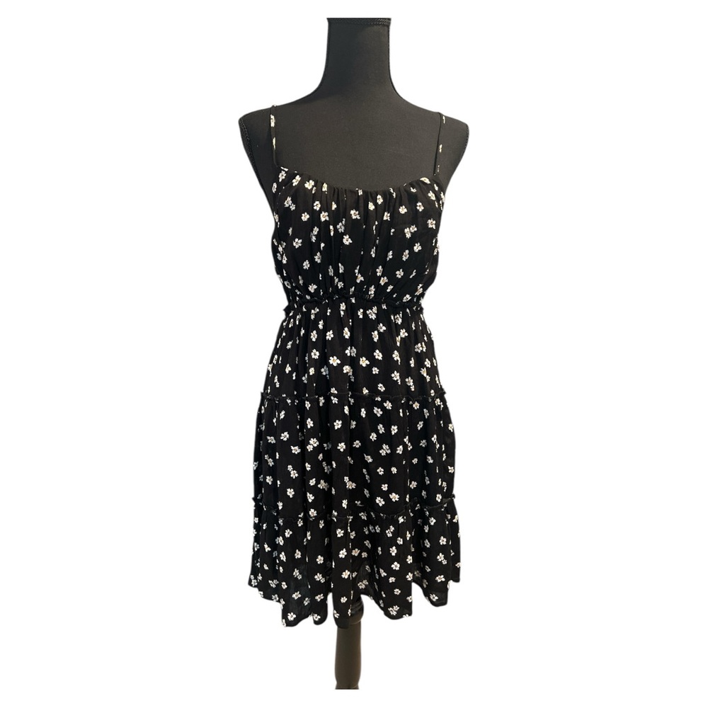 Ocean Drive Tie Front Daisy Black/Yellow Strap Mini Dress Ruffle Smocked, Size L